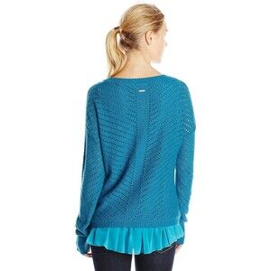 NWT New Womens L Prana Ellery Sweater Top Cotton Aqua Blue Layered LS Logo Soft